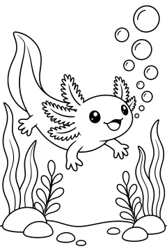 Smiling axolotl swimming beside rising bubbles, surrounded by aquatic plants, smooth rocks and pebbles.