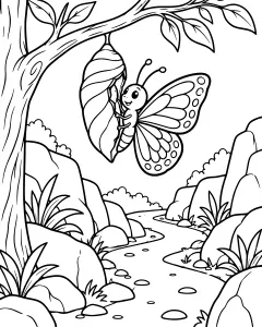 Butterfly emerging from a chrysalis on a tree branch with rocks and plants in the background