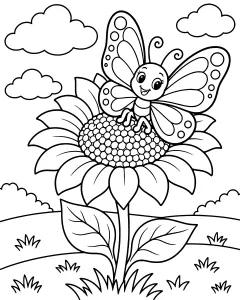 Butterfly on a sunflower with clouds and grass