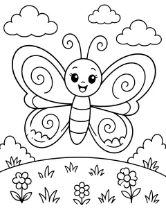 Butterfly with swirl patterns on wings flying over flowers and grass
