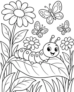 Caterpillar on a leaf with flowers and butterflies