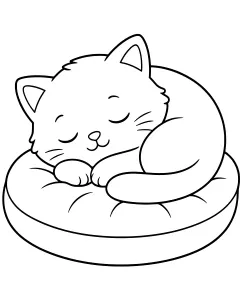 A small kitten sleeps curled on a round cushion, with closed eyes, tucked paws and a tail wrapped around its body.