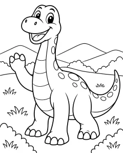 Cartoon dinosaur waving with one arm raised, standing on grass near hills