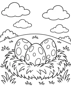 Three large eggs with circular patterns in a nest of grassy tufts on a hill under a cloudy sky