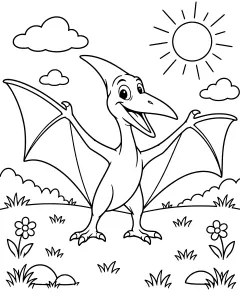 A pterodactyl standing in a sunny field with wide wings and flowers