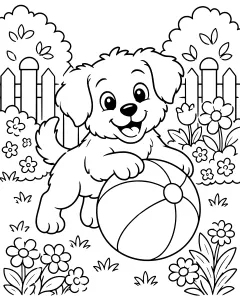 Puppy holding a ball in a garden with flowers and a fence
