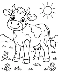 A cartoon cow with patches standing in a field with flowers and grass