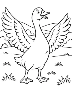Goose standing with wings spread in a grassy field