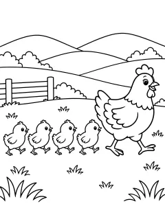 A hen walking with four chicks in a line through grass near a fence and hills