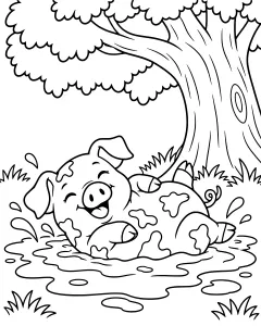 Pig rolling in a muddy patch under a tree with grass around