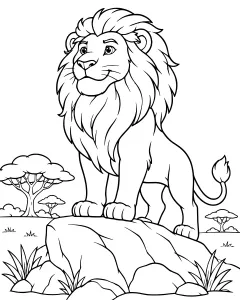A lion standing on a rock with acacia trees in the background