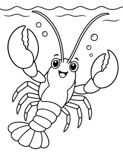 A smiling lobster with long antennae swimming in water with bubbles