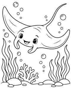Manta ray swimming with bubbles and seaweed
