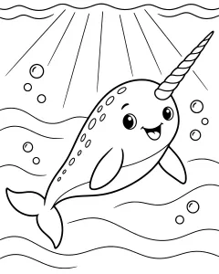 Narwhal swimming in the ocean with bubbles and sun rays