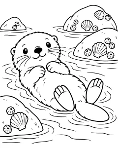 Sea otter floating on its back with rocks and shells in the water