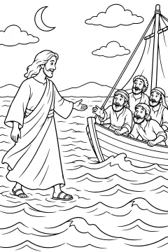 Jesus walking on waves and reaching toward a sailboat beneath clouds and a crescent moon, with distant hills along the horizon.