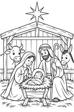 Robed figures surround a wrapped figure in a manger inside a wooden stable, with a cow, donkey, curved staff, straw, and a large star above the roof.