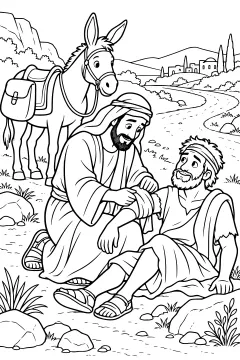 The Good Samaritan bandages a seated figure’s arm beside a saddled donkey on a winding country road with rocks, plants, hills, and distant buildings.