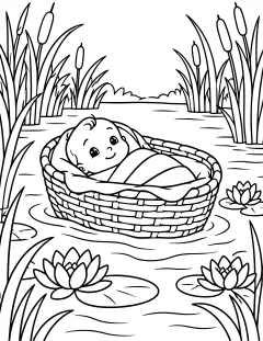 Baby Moses wrapped in a basket on river water, surrounded by reeds, cattails, lily pads, and water lilies.