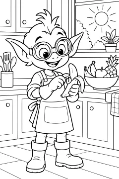 Cartoon minion with glasses peeling a banana in a kitchen with sunlight and fruit bowl