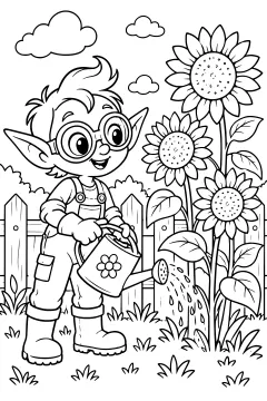 Goggled minion watering sunflowers next to a wooden fence with grass and clouds above