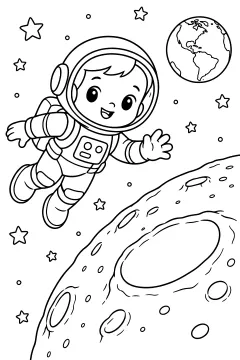 Cartoon astronaut floating near a cratered moon surface with Earth in the background