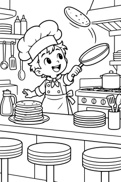 Chef character flipping pancake above stove with stacks of pancakes nearby