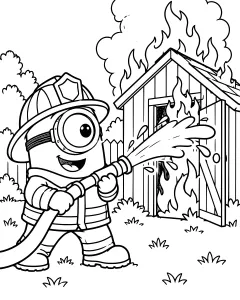 A Minion firefighter spraying water at a burning shed with smoke rising