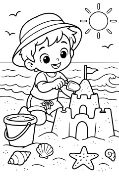 Cartoon child building a sandcastle on a beach with seashells and a starfish nearby