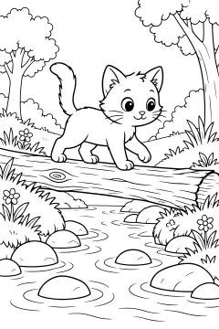 Kitten crossing a log over a stream with rocks and flowers