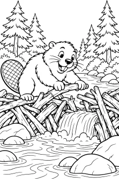 Busy beaver repairing a dam with a wooden tool in a forest stream