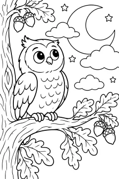 Calm owl perched on an oak branch with moon, clouds, and acorns