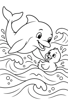 Dolphin and duckling in ocean waves with splashes and bubbles