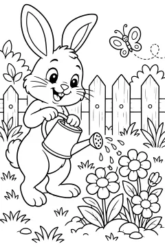 Cheerful rabbit watering flowers and a butterfly flying near a wooden fence