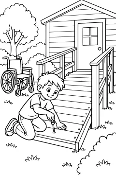 Child building a wheelchair ramp outside a clubhouse