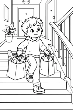 Child ascending stairs with two grocery bags, one in each hand, near a hallway with a potted plant and door