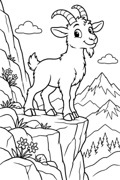 Cartoon goat standing on a rocky cliff with mountains and clouds behind it