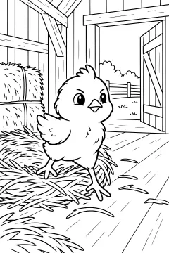A chick standing on hay in a barn with a wooden door open behind it