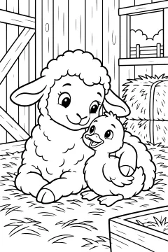 Lamb and duckling in a wooden barn with hay bales