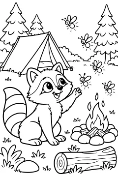 Raccoon near a campfire with fireflies flying around it
