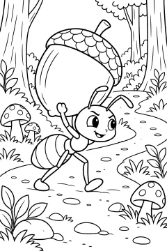 Ant carrying a large acorn on its back through a forest path with trees, mushrooms, and rocks