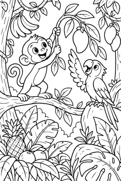 Monkey climbing a tree to help a parrot reach fruit