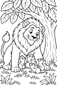 Lion standing under a tree with mice gathered near its paws on grass