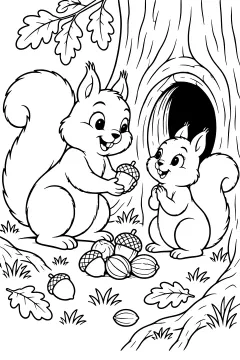 Two squirrels near a tree hollow with acorns on the ground and leaves around them