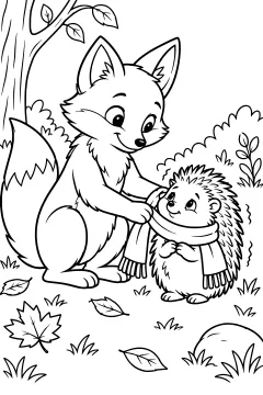 A fox and a hedgehog in a forest with leaves and a tree