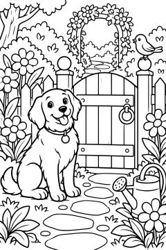 Dog sitting beside a garden gate with flowers and a bird on top