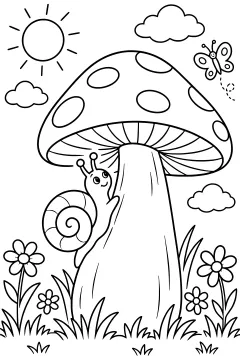 Snail climbing a mushroom in a meadow with flowers and clouds