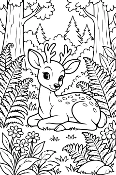 A deer resting among ferns and wildflowers in a forest