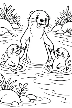 Adult otter standing in water holding hands with two smaller otters near rocks and plants
