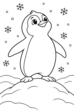 Penguin standing on a snowy hill with snowflakes falling around it